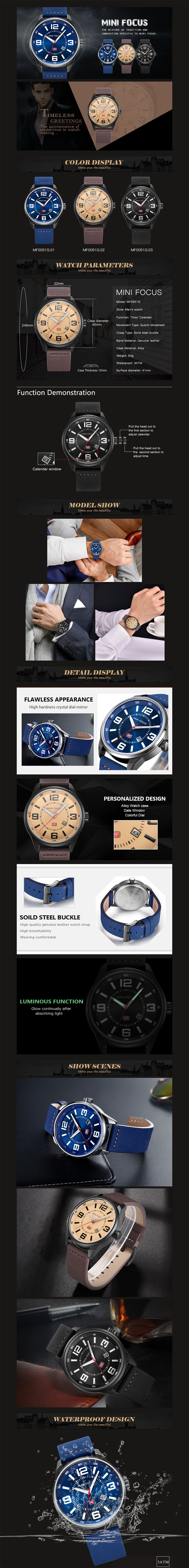 MINI FOCUS Brand Luxury Men Sports Quartz Analog Date Clock Leather Wrist Watch