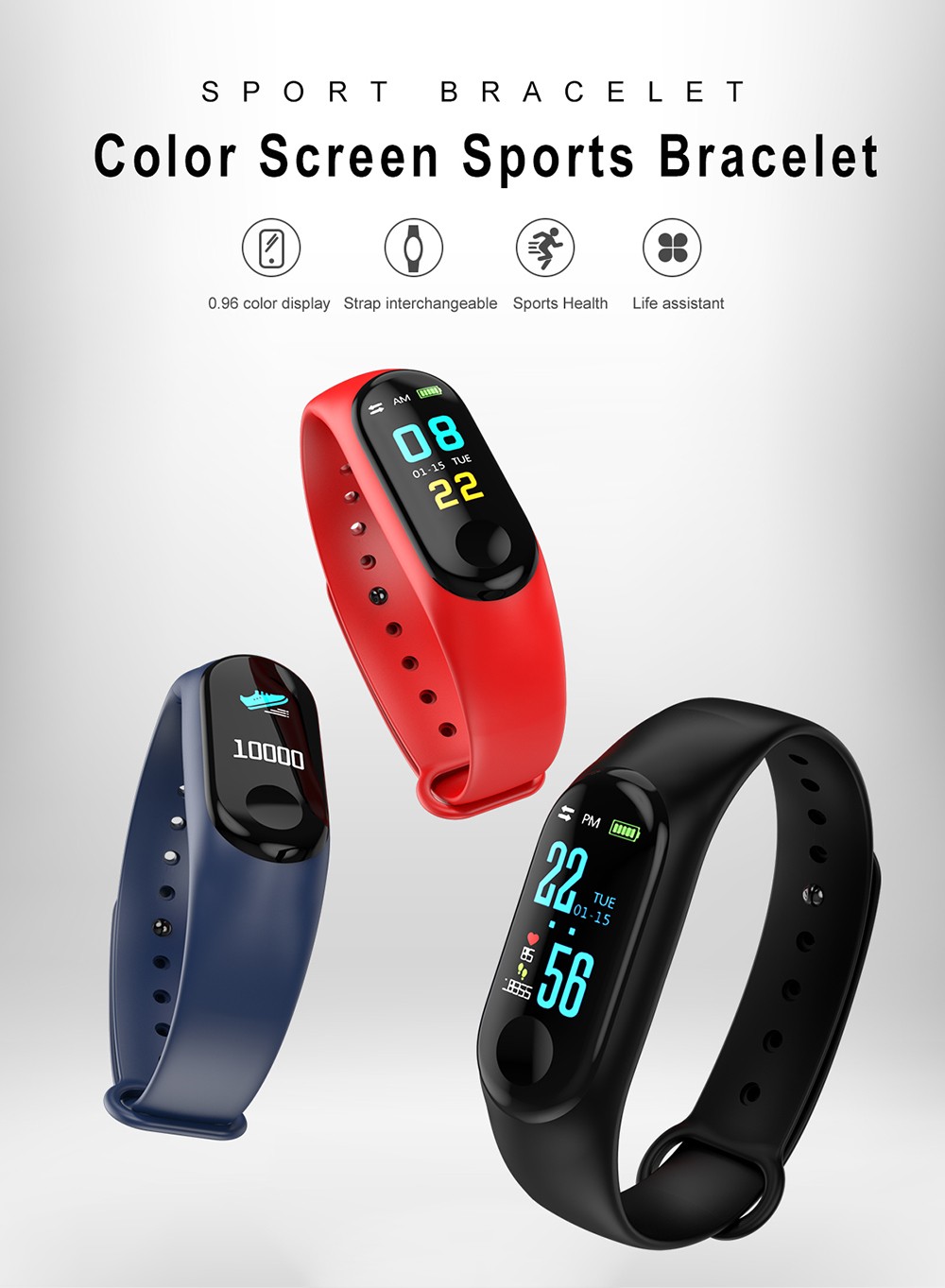 M3 Plus Smart Bracelet 0.96 inch Screen Bluetooth 4.0 Call / Message Reminder Heart Rate Monitor Functions