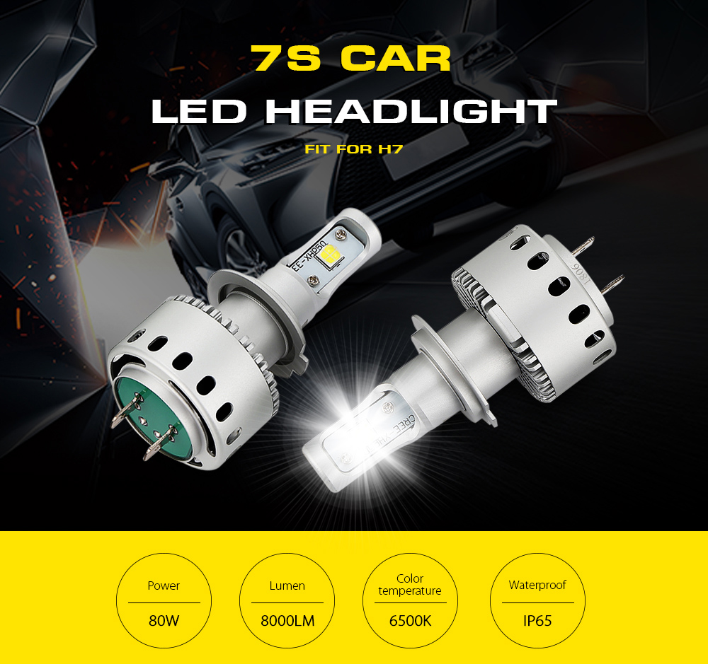 2PCS 7S H7 Car LED Headlight 80W 8000lm 6500K Front Lamp