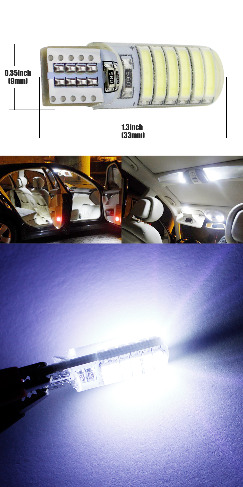 10Pcs T10 LED W5W Car led Interior Light Bulb 12v t10 6000K Silica 12SMD 7020