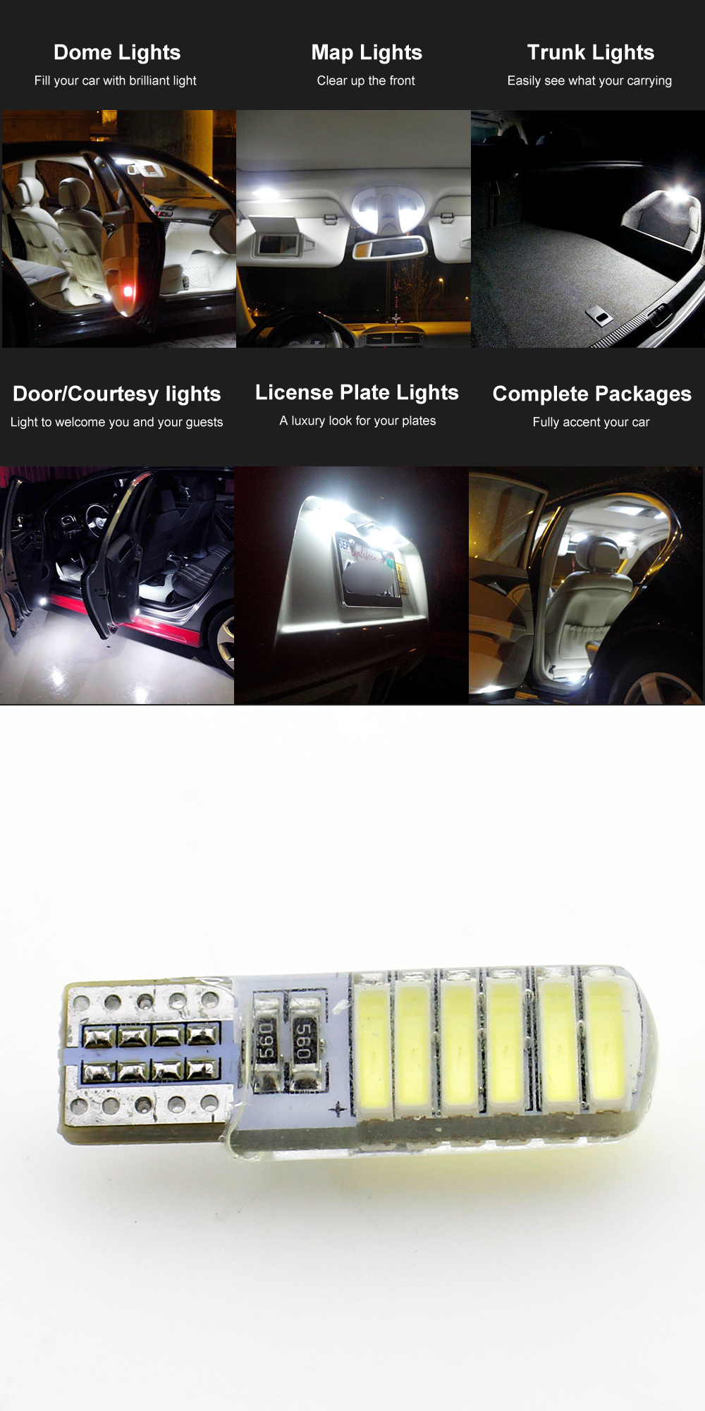 10Pcs T10 LED W5W Car led Interior Light Bulb 12v t10 6000K Silica 12SMD 7020