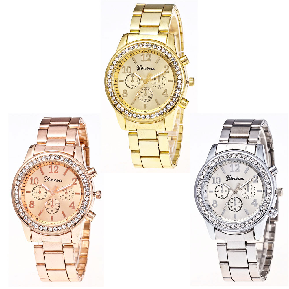 Women Luxury Crystals Quartz Plated Classic Faux Chronograph Watch