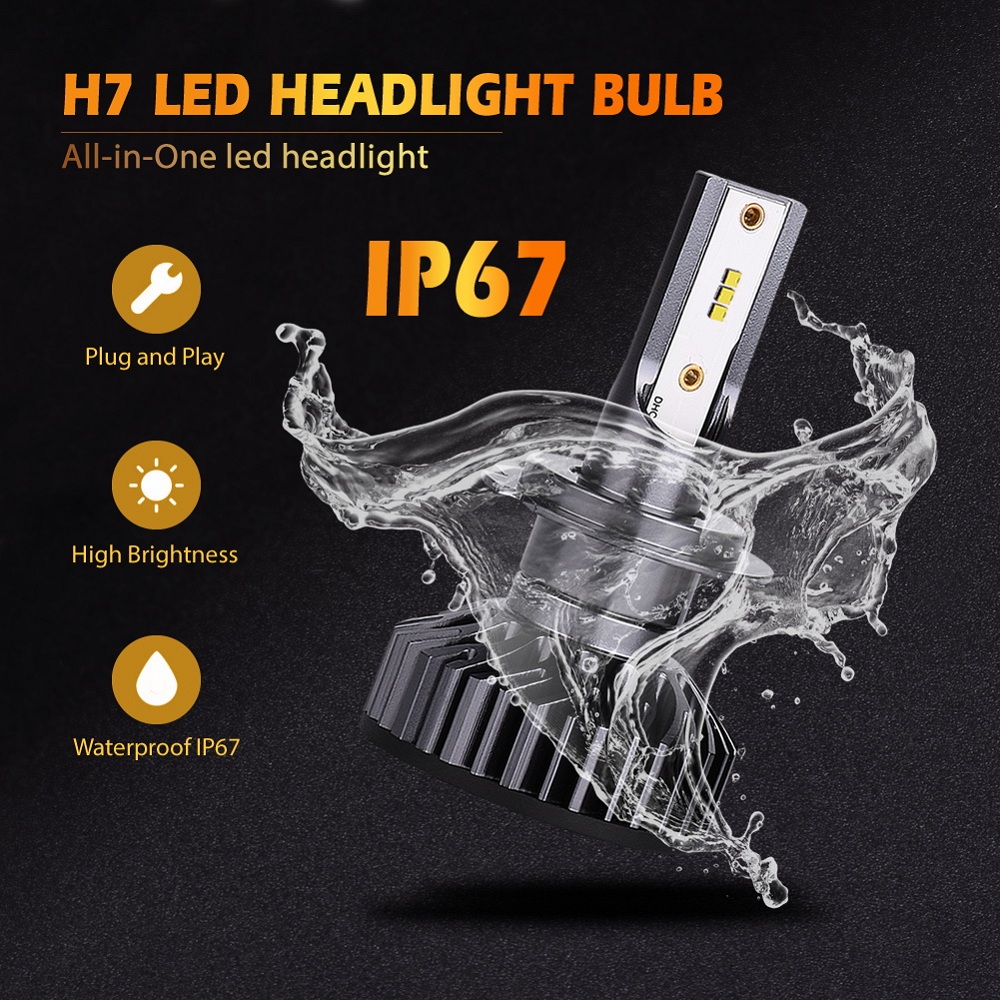 Infitary 2PCS H7 Car LED Headlight Bulbs 6500K ZES Chip with IP67 Waterproof