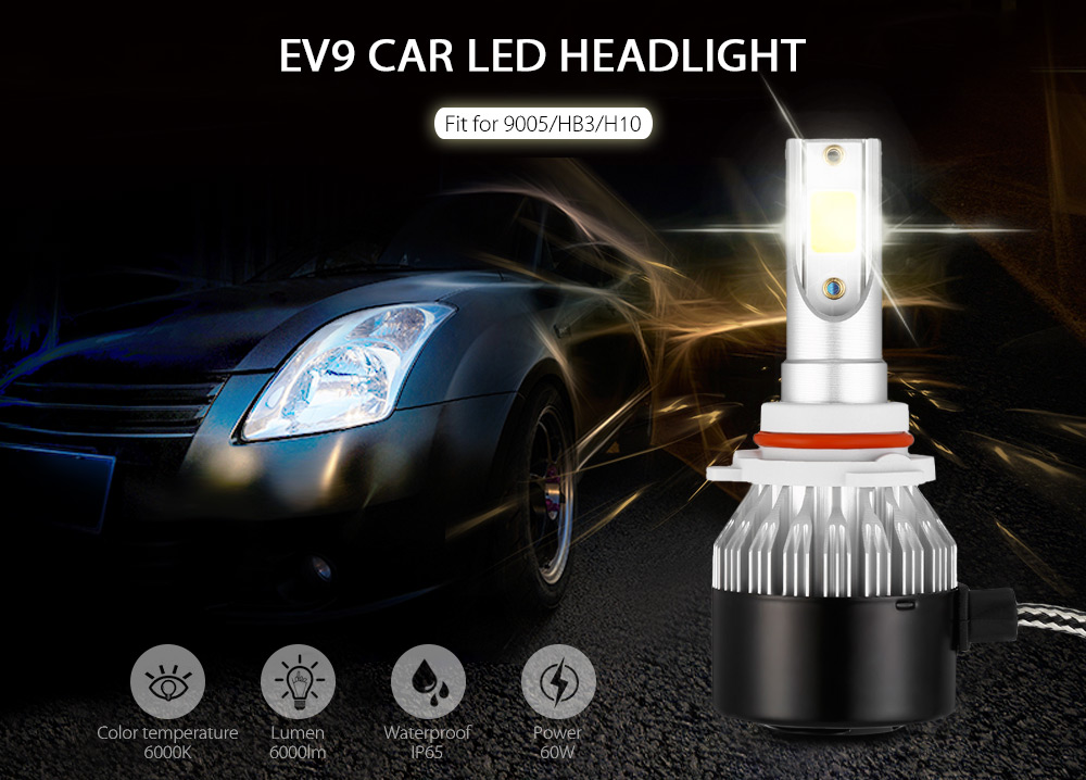 2PCS EV9 9005 / HB3 / H10 Car LED Headlight 60W 6000lm 6000K Front Lamp