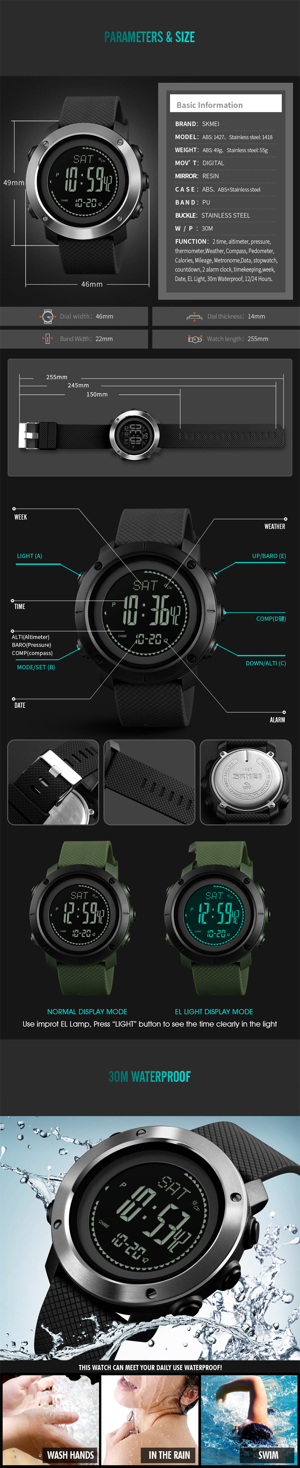 SKMEI New Altimeter Barometer Thermometer Altitude Men Digital Sport Wrist Watch