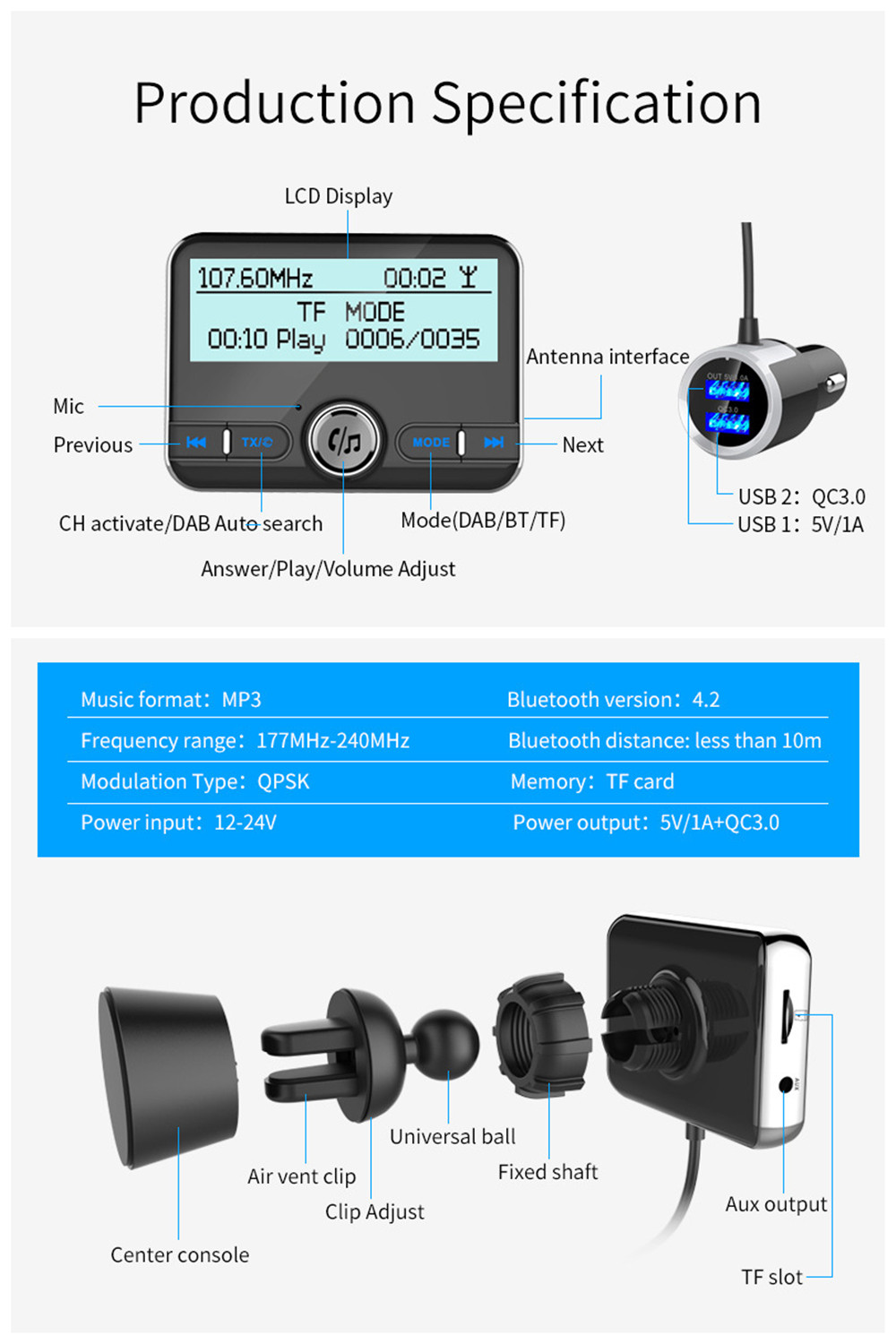 DAB002Car DAB Digital Radio Receiver Bluetooth Handsfree Car MP3 FM Transmitter