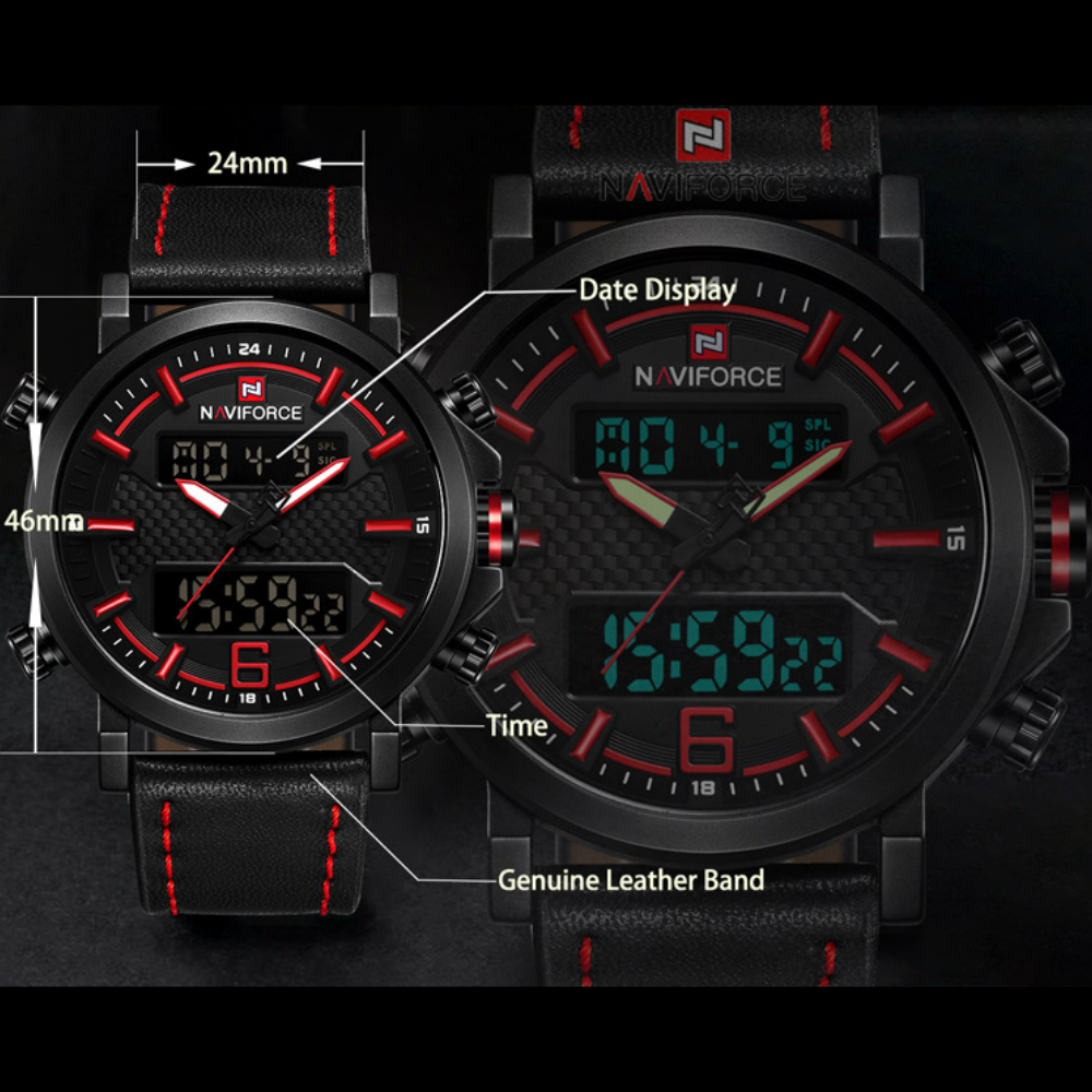 NAVIFORCE Men Fashion Sports Leather Waterproof LED Analog Quartz Wrist Watch