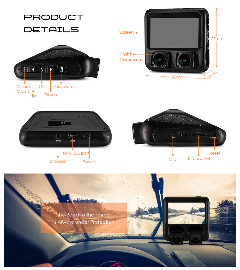 X100 1080P 3 inch Car Driving Recorder Dual Cameras GPS Loop Record WDR