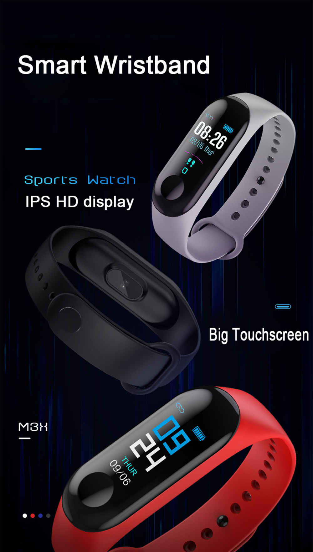 V5 M3PLUS Intelligent LED Color Screen Watch Sports Health Pedometer