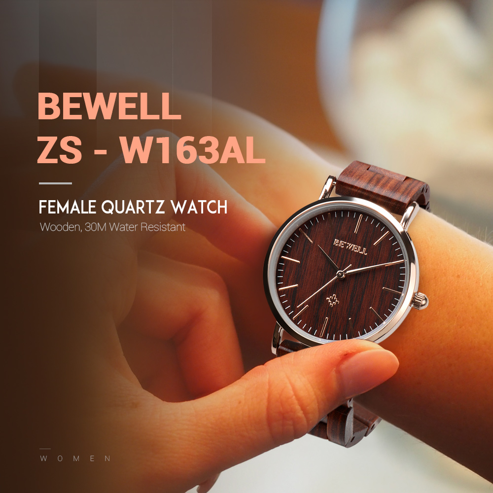 BEWELL ZS - W163AL Female Quartz Watch Ultra Thin Water Resistant Red Sandal Wood