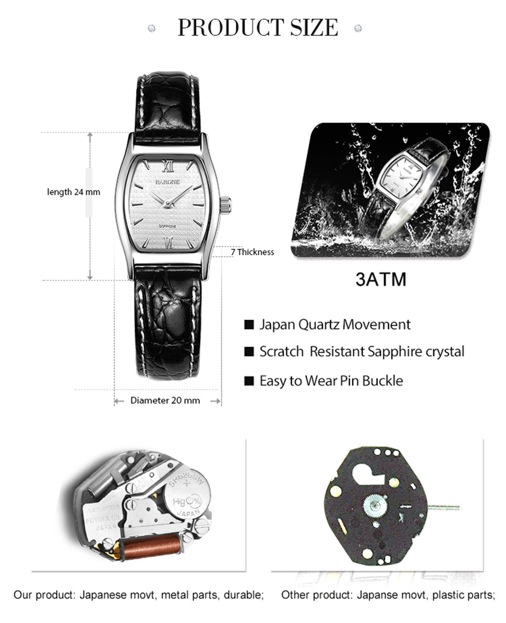 Rarone Black Fashion Genuine Leather Band Lady Wrist Quartz Watch