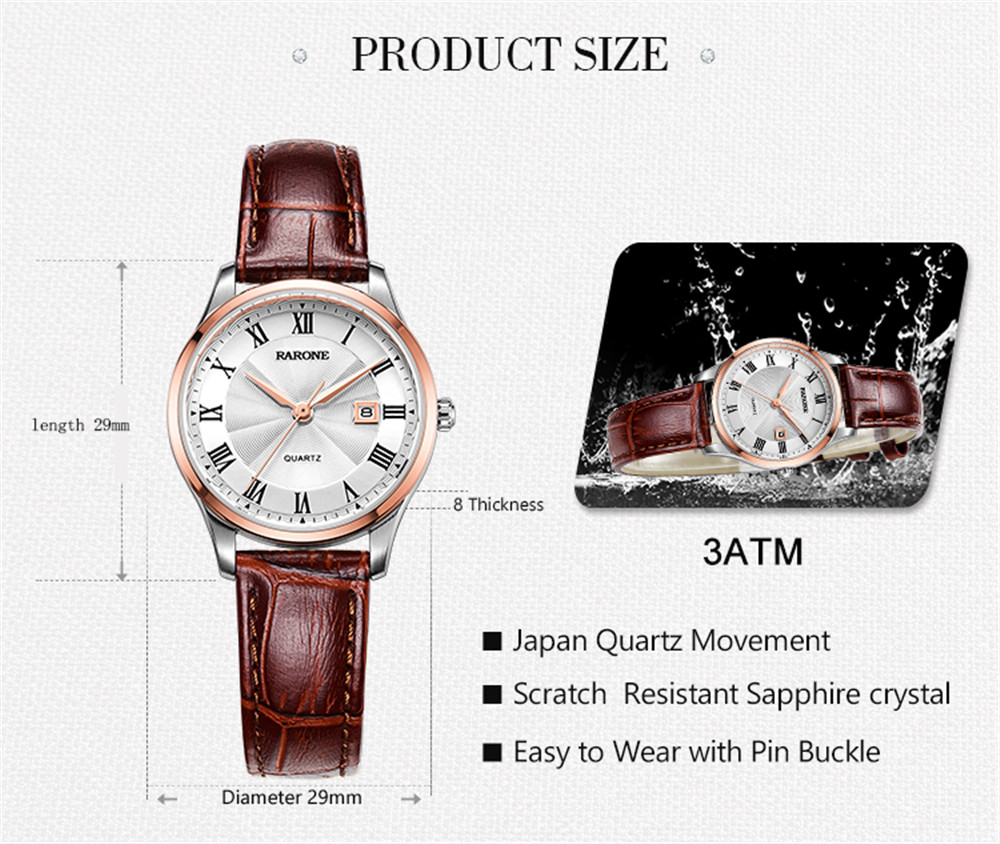 Rarone Luxury Genuine Leather Waterproof Women Wrist Quartz Watch