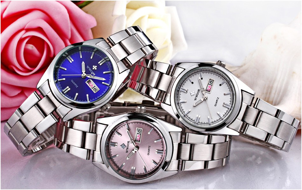 WWOOR Fashion Classy Women Stainless Steel Date Round Dial Quartz Wrist Watch