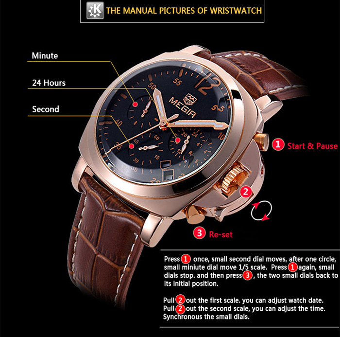MEGIR 3006 Date Function Water Resistant Male Japan Quartz Watch with Genuine Leather Band Working Sub-dials