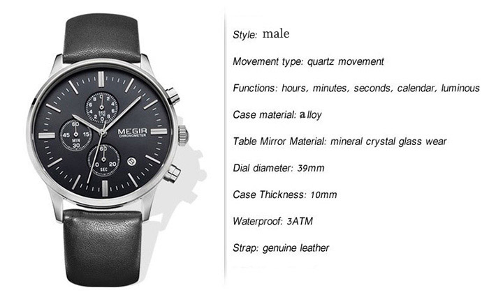 MEGIR 2011 Male Japan Quartz Watch Date Display Genuine Leather Band 30M Water Resistance