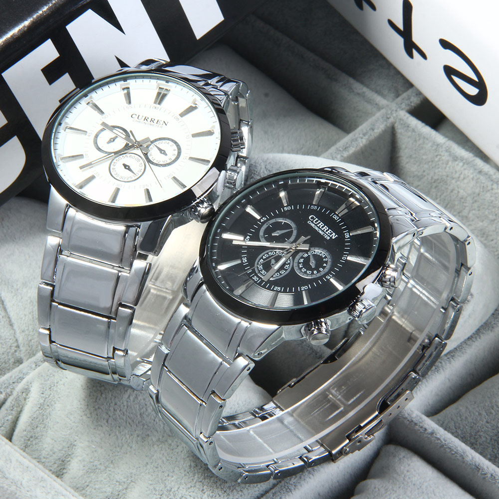 CURREN 8001 Men Steel Quartz Watch with Big Dial Decorating Three Small Sub-dials