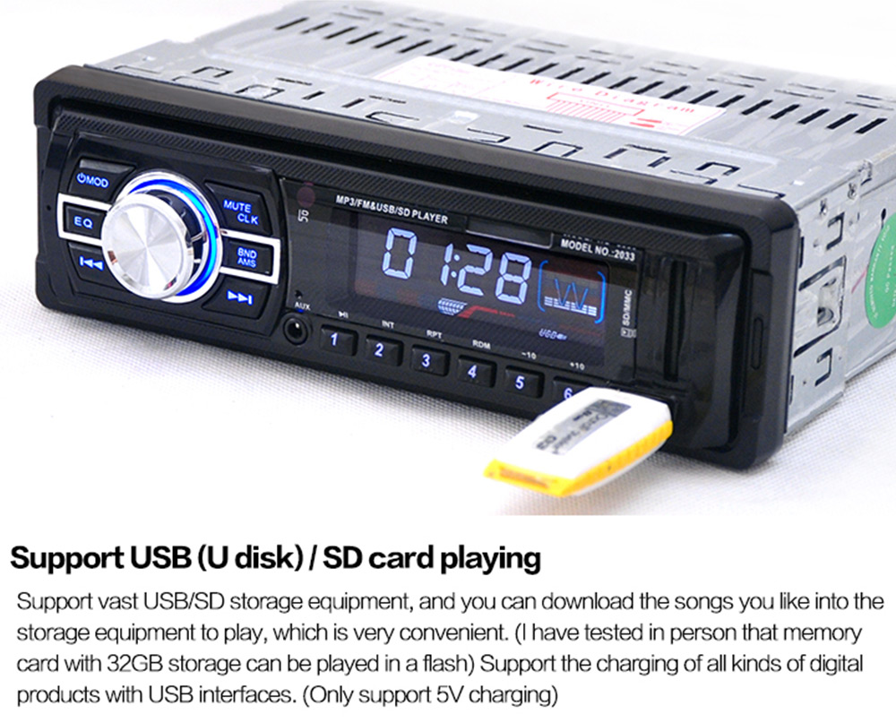 2033 Car Radio 12V Auto Audio Stereo FM SD MP3 Player AUX USB with Remote Control