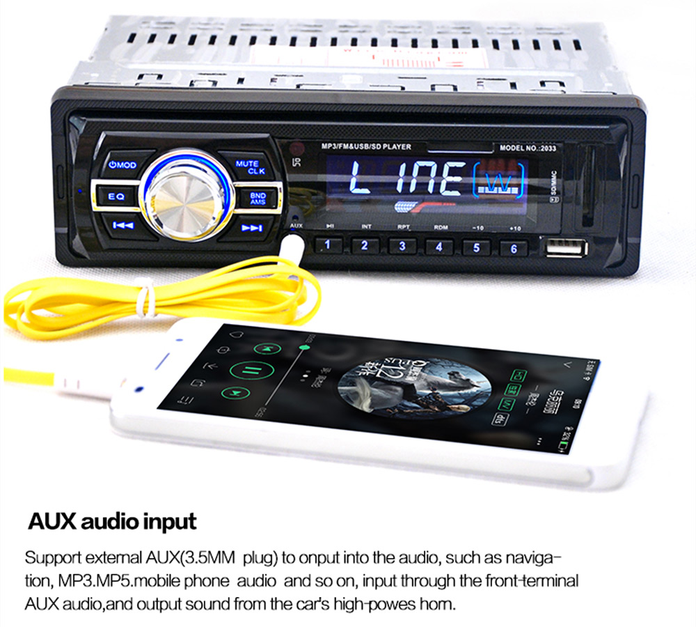 2033 Car Radio 12V Auto Audio Stereo FM SD MP3 Player AUX USB with Remote Control
