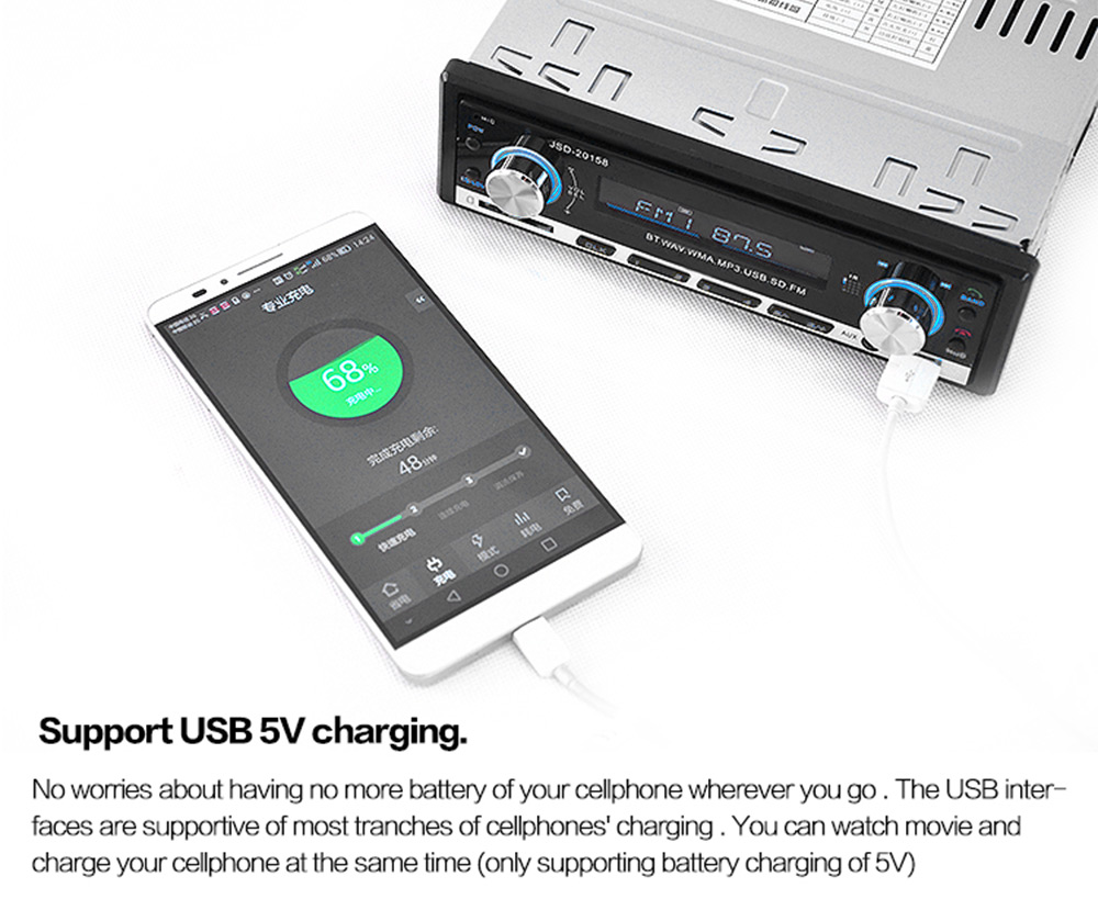 JSD - 20158 12V Bluetooth V2.0 Car Stereo Audio In-dash Single Din FM Receiver Aux Input Receiver USB MP3 MMC WMA Radio Player
