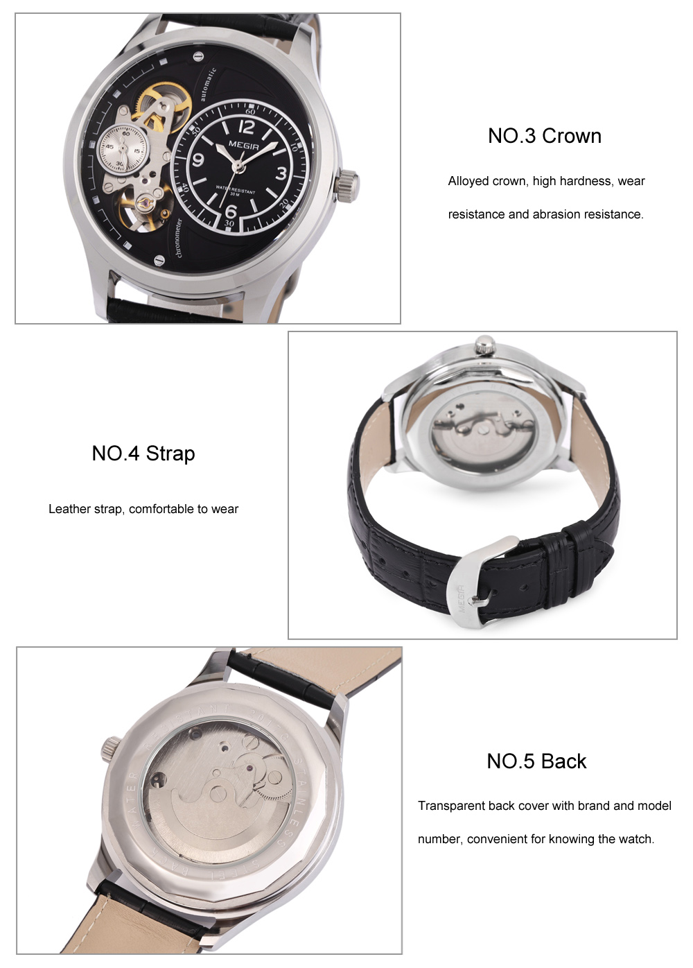 MEGIR 2017G Men Quartz Watch 30M Water Resistance Leather Band Wristwatch