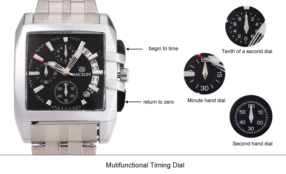 MEGIR M2018 Men Square Dial Quartz Watch Chronograph Water Resistance Calendar Wristwatch
