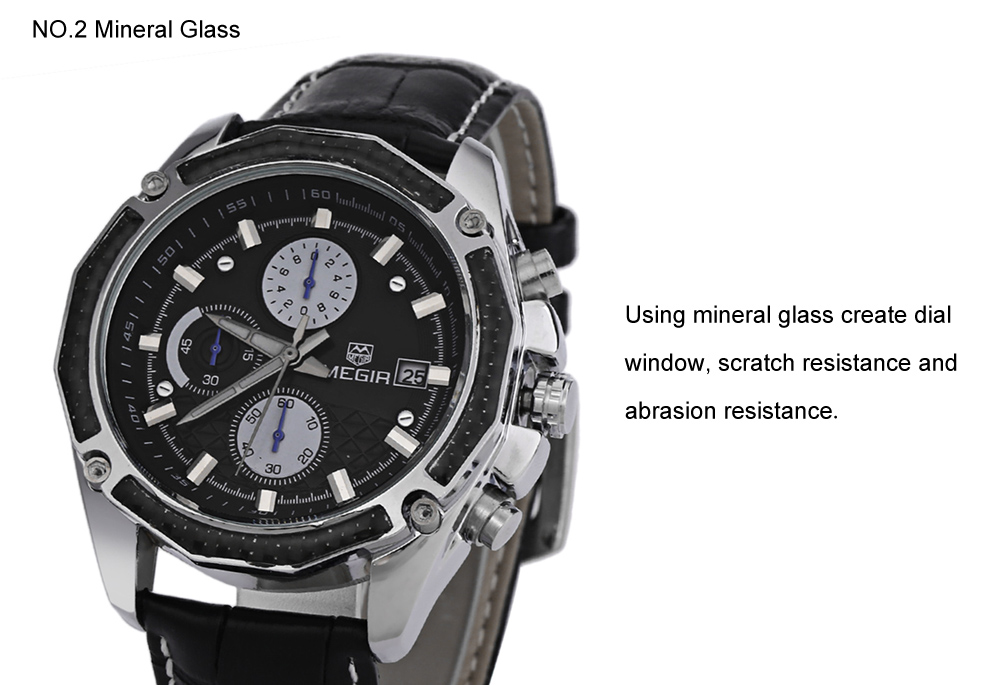 MEGIR M2015 Men Quartz Watch Chronograph 3ATM Date Display Leather Band Wristwatch