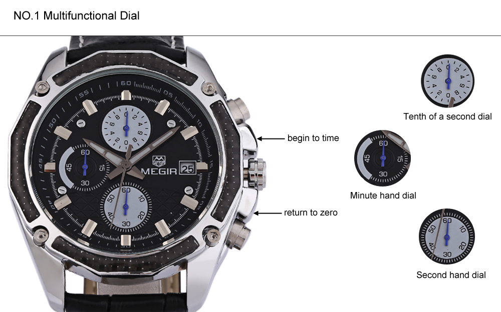 MEGIR M2015 Men Quartz Watch Chronograph 3ATM Date Display Leather Band Wristwatch