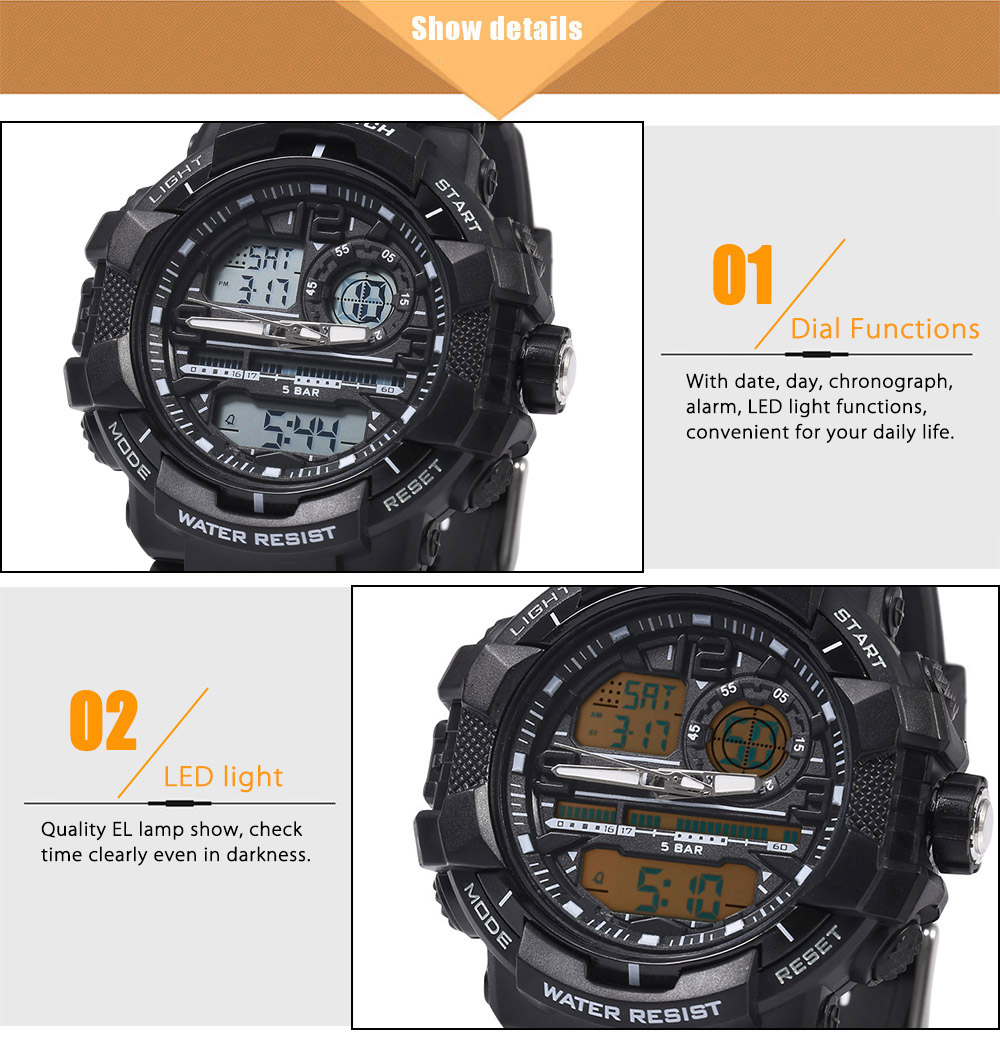 SKMEI 1164 Dual Movt Quartz Watch Calendar Chronograph Two Time Zones Display LED Digital Sport Wristwatch
