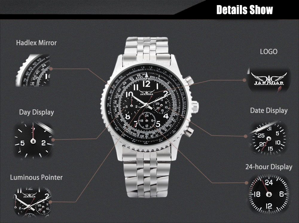 JARAGAR J014 Male Automatic Mechanical Watch Date Day 24 Hour Display Wristwatch