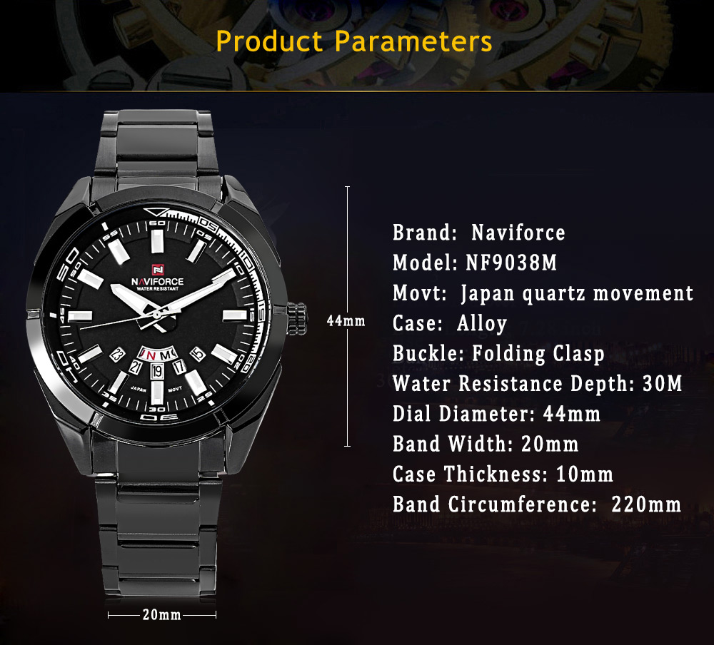 Naviforce NF9038M Male Quartz Watch Date Day Display 3ATM Wristwatch