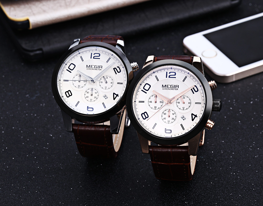 MEGIR M2025 Male Quartz Watch 24 Hours Display Calendar Genuine Leather Band Wristwatch