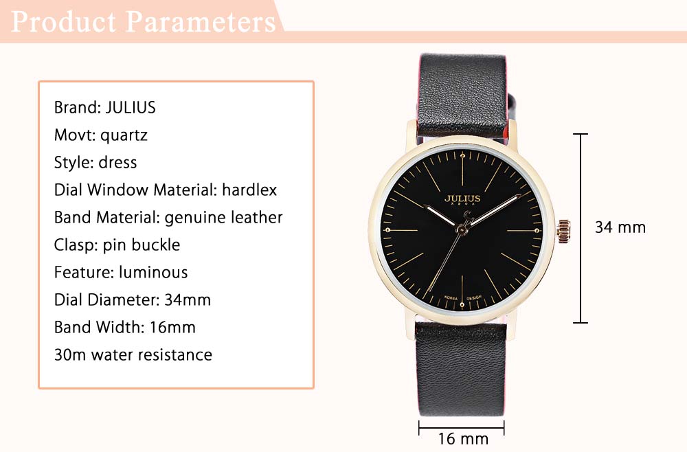 JULIUS JA - 814L Women Quartz Watch Luminous Pointer Genuine Leather Strap Wristwatch
