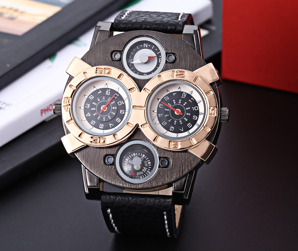 JUBAOLI Men Dual Movt Quartz Watch Creative Double Dial Decorative Compass Wristwatch