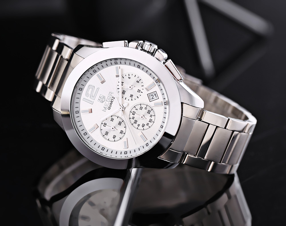 MEGIR 5006 30M Water Resistant Male Quartz Watch with Stainless Steel Strap Three Working Sub-dials