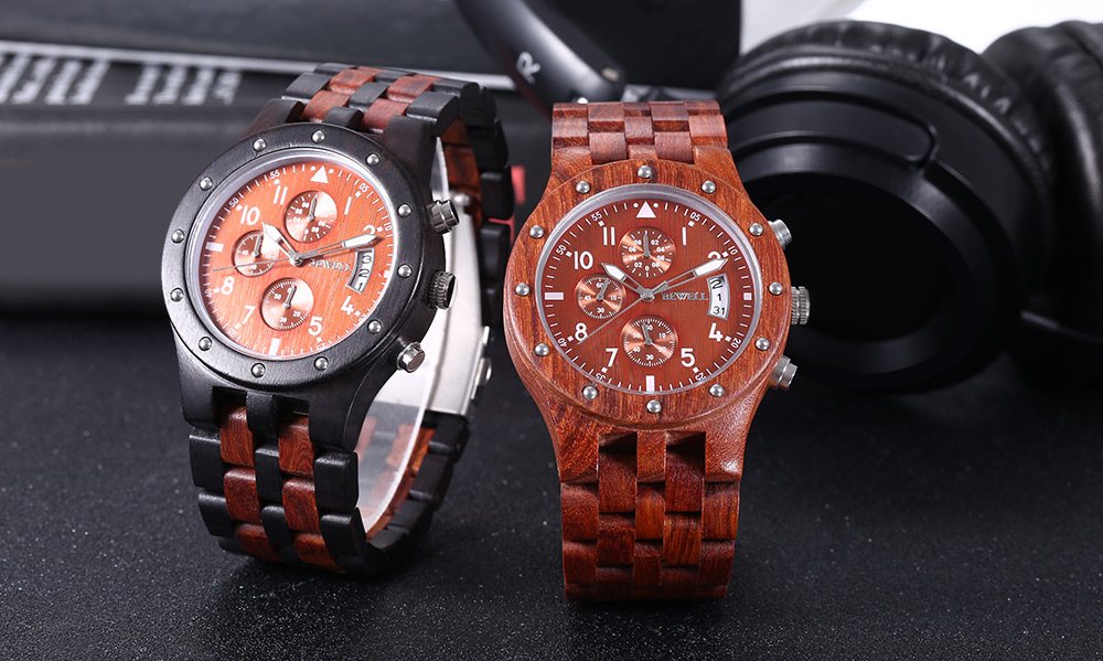 BEWELL ZS - W109D Men Wooden Quartz Watch Working Sub-dial Date Display Wristwatch