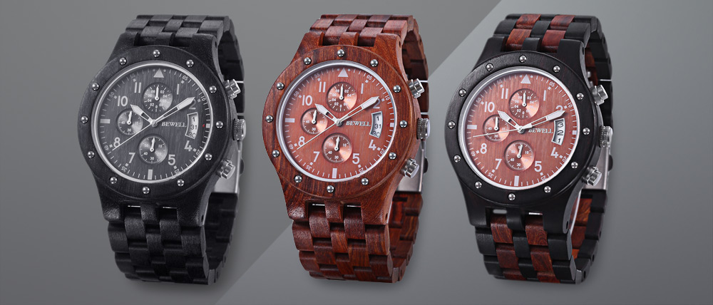 BEWELL ZS - W109D Men Wooden Quartz Watch Working Sub-dial Date Display Wristwatch
