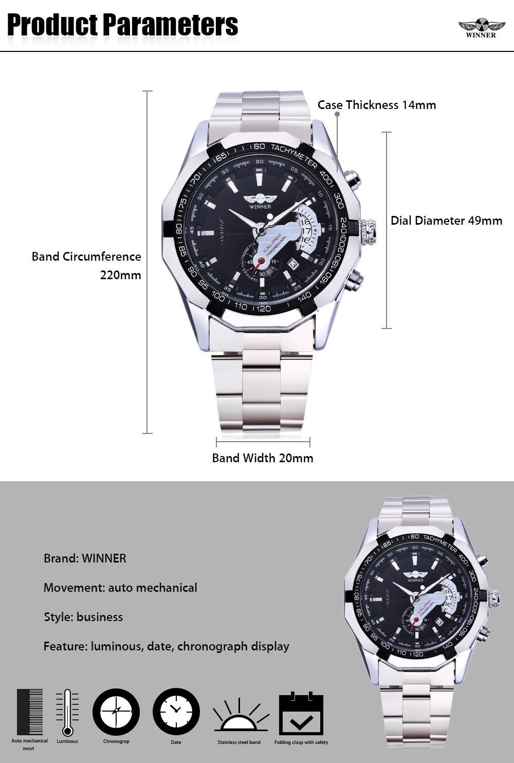 WINNER W050 Men Auto Mechanical Watch Luminous Date Display Wristwatch