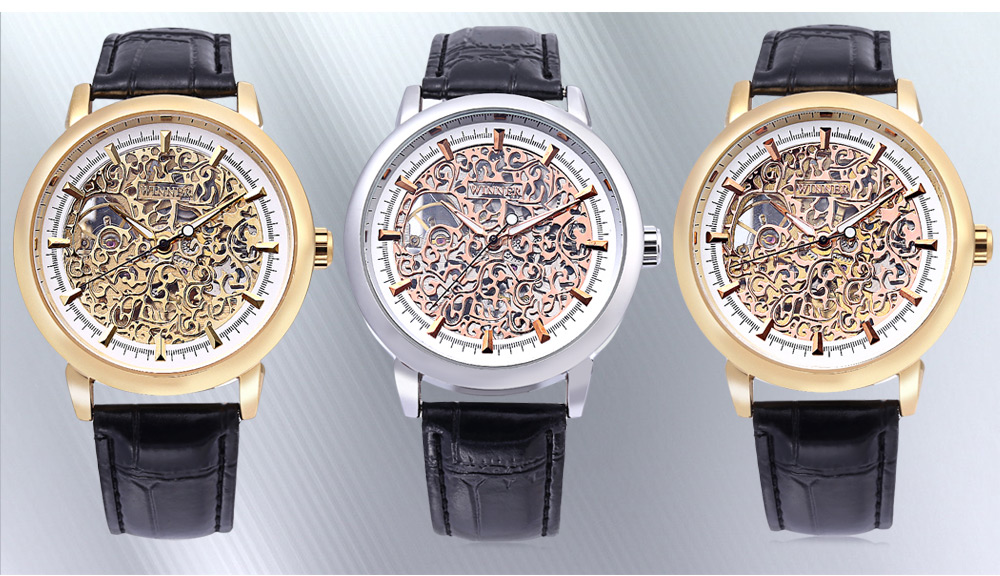 WINNER W09 - 1 Men Auto Mechanical Watch Exquisite Hollow Pattern Luminous Dial Wristwatch