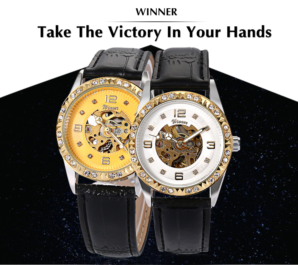 WINNER W2015326 Men Auto Mechanical Watch Artificial Diamond Hollow-out Dial Wristwatch