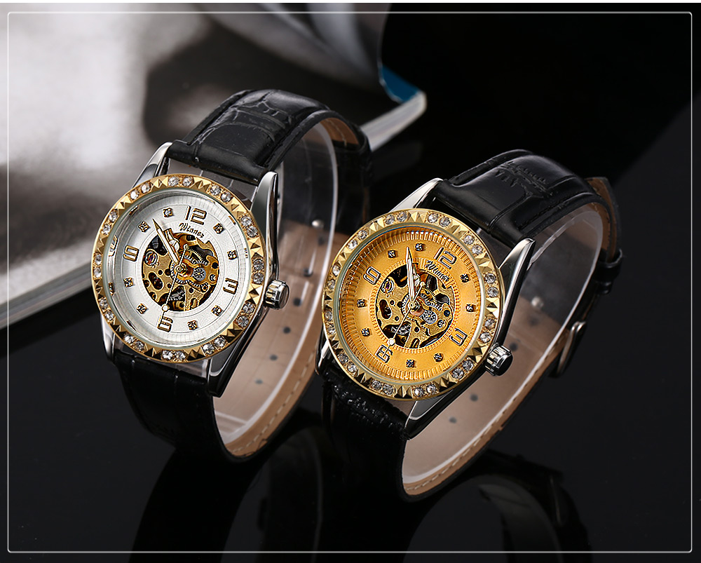 WINNER W2015326 Men Auto Mechanical Watch Artificial Diamond Hollow-out Dial Wristwatch