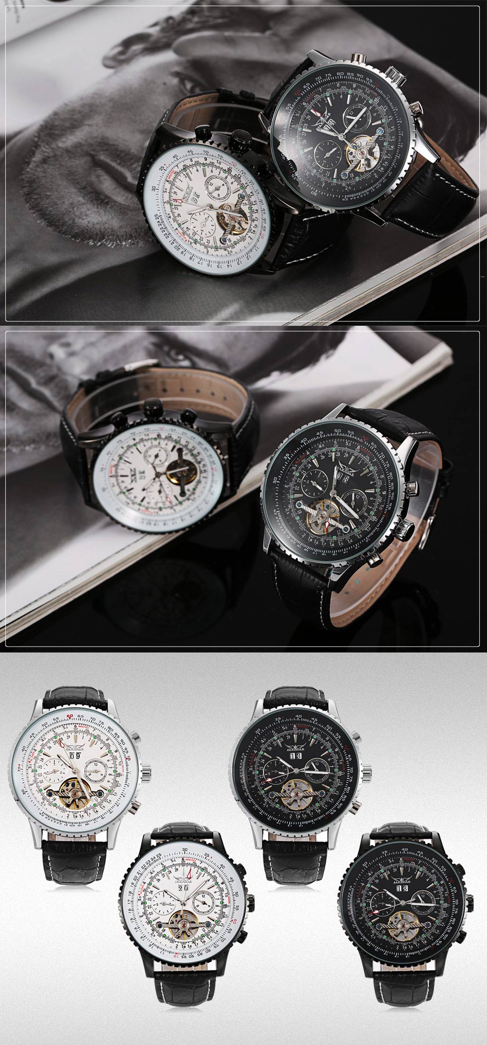 JARAGAR J1205314 Men Auto Mechanical Watch Tourbillon Calendar Genuine Leather Band Wristwatch