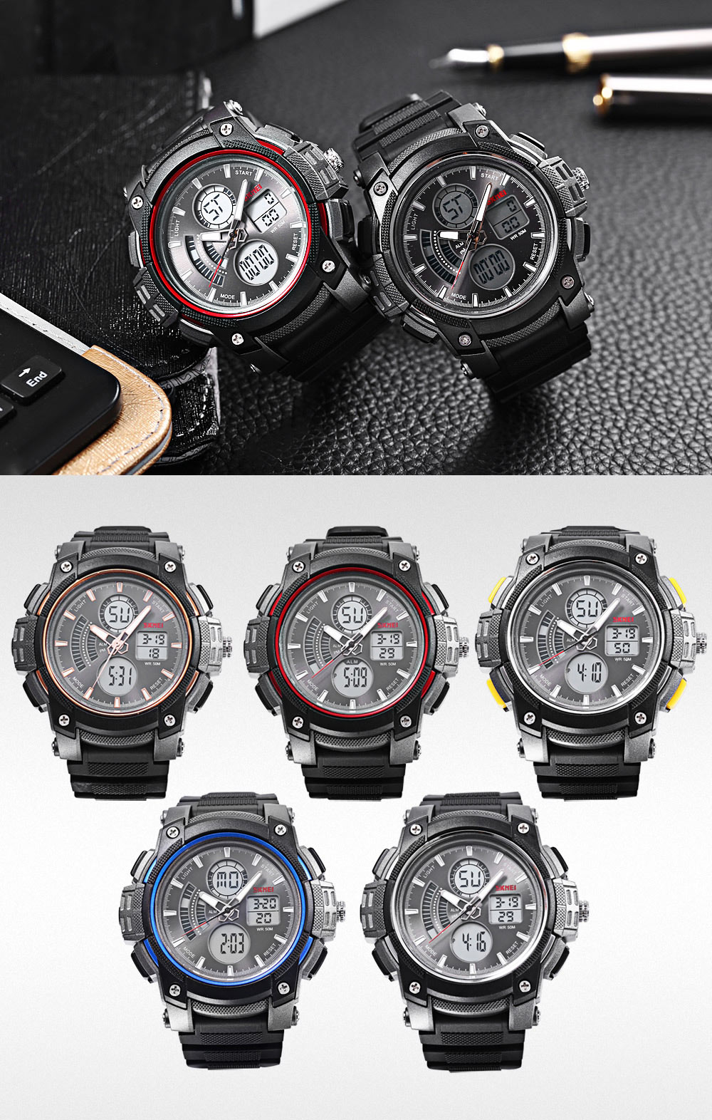 SKMEI 1192 Dual Movt Watch Calendar Chronograph Alarm Display Water Resistance Sports Wristwatch
