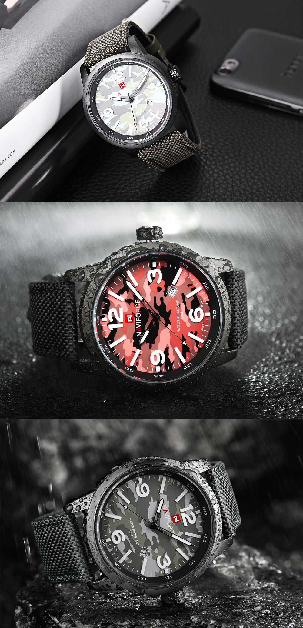 Naviforce 9080 Male Quartz Watch Luminous Date Display 3ATM Canvas Band Wristwatch