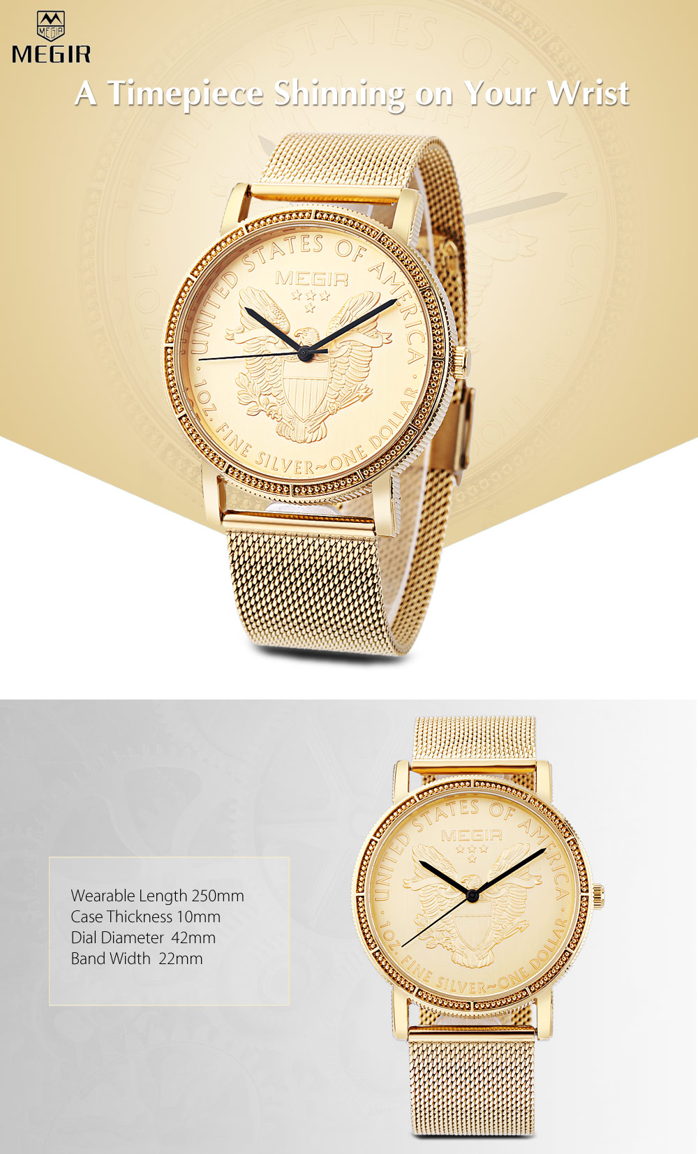 MEGIR 2032 Male Quartz Watch Dollar Pattern Dial 3ATM Stainless Steel Net Band Wristwatch