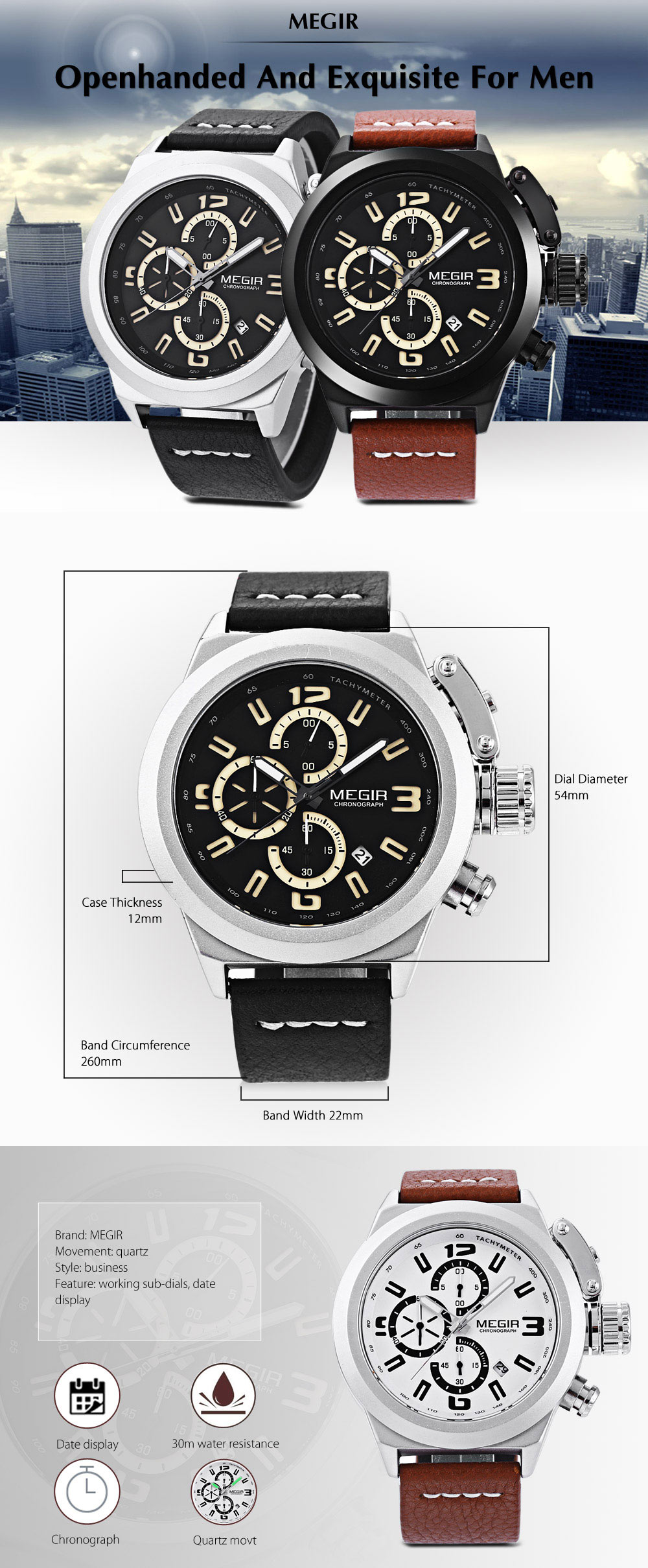 MEGIR 2029 Men Quartz Watch Working Sub-dial Chronograph Date Display Wristwatch