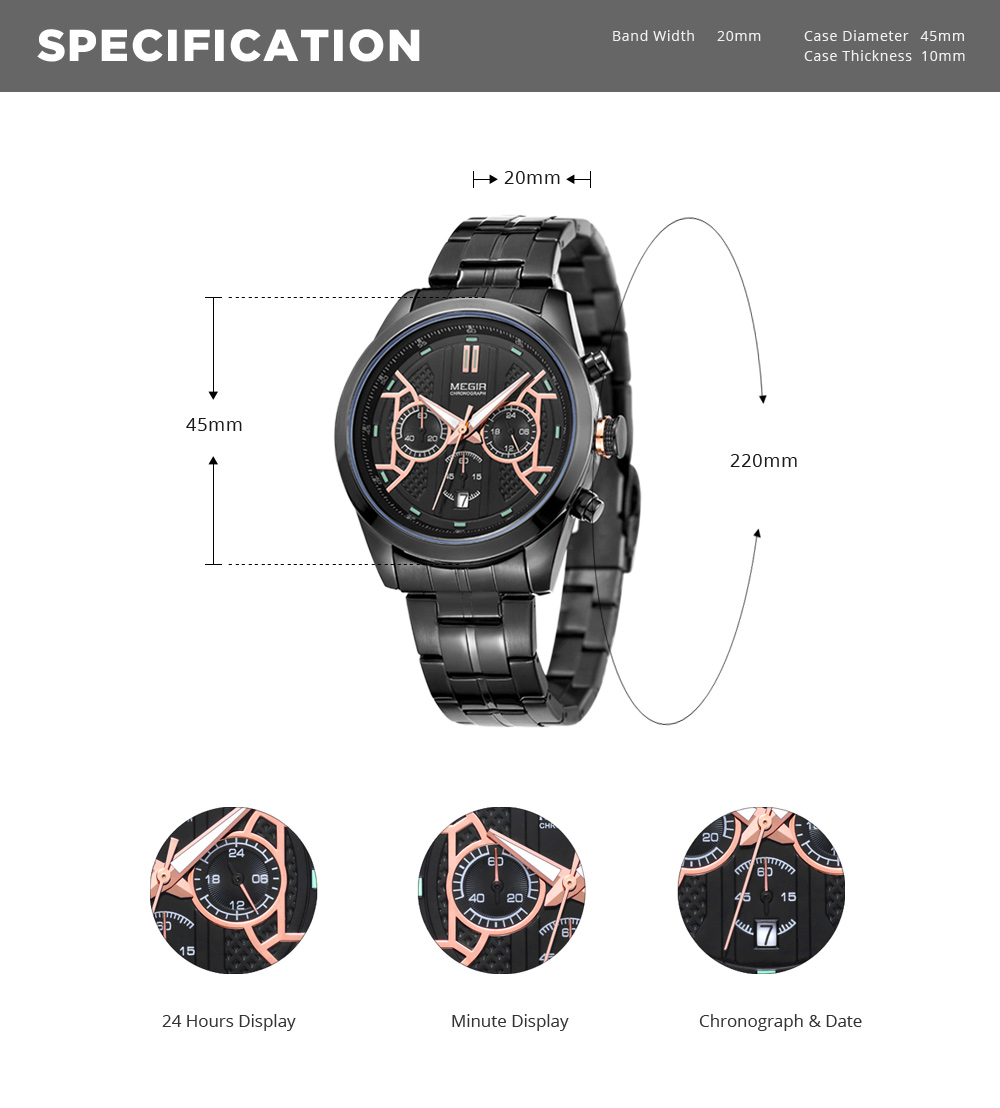 MEGIR 3016 Male Quartz Watch Chronograph 24 Hours Display Date Wristwatch