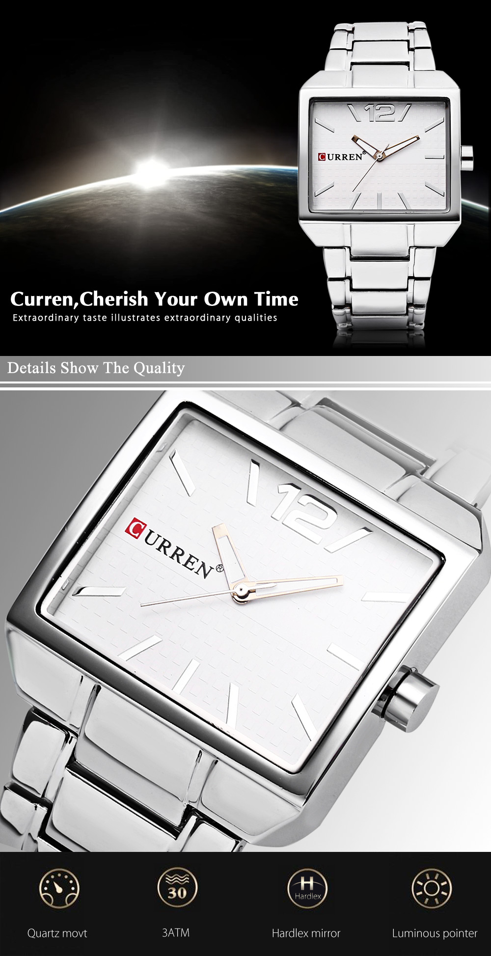 Curren 8132 Male Quartz Watch Square Dial Luminous Wristwatch