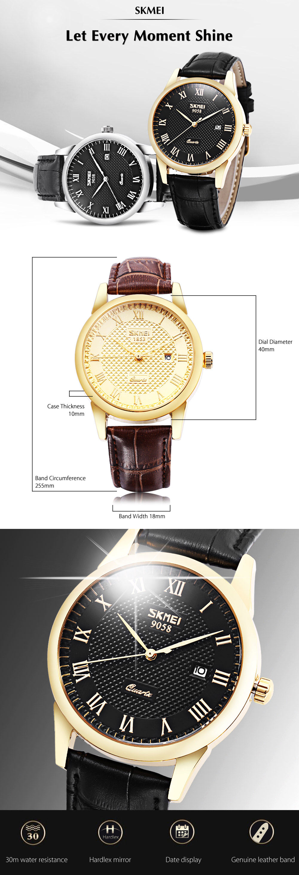 SKMEI 9058 Men Quartz Watch Date Display Roman Numerals Scale 30m Water Resistance Wristwatch