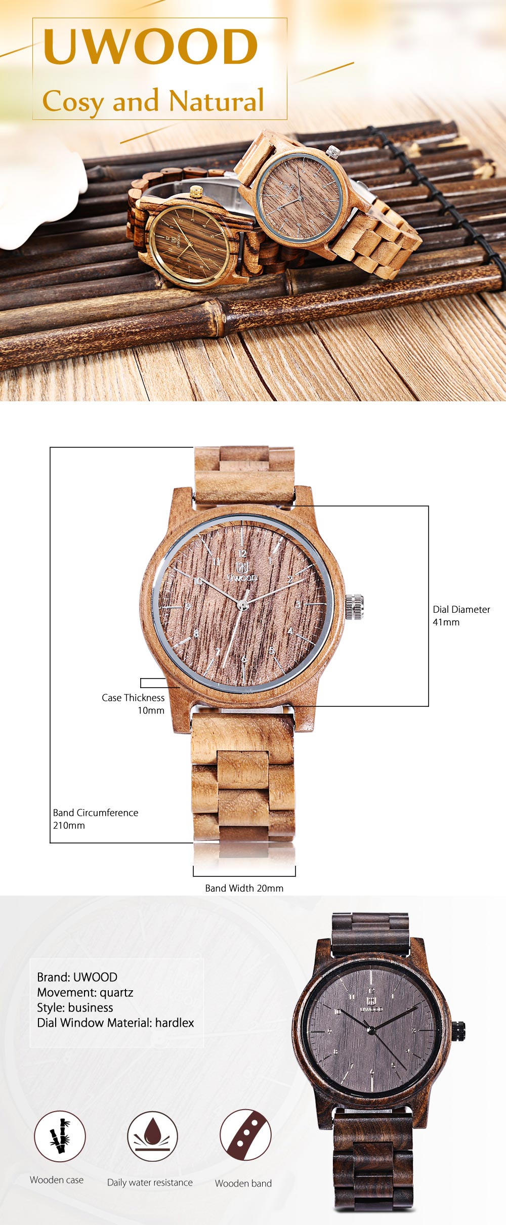 UWOOD UW - 1007 Men Quartz Watch Wooden Case Arabic Numerals Scale Water Resistance Wristwatch