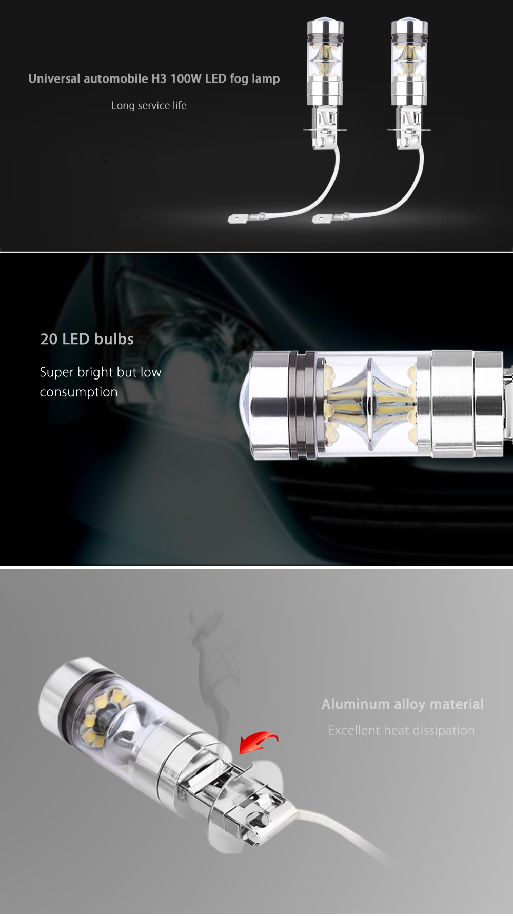 Pair of Universal Automobile H3 100W 6000K LED Fog Lamp Daytime Running Pure White Light